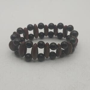Black Brown Wood Beaded Stretch Bracelet Wide Cuff Chunky Boho Statement Jewelry